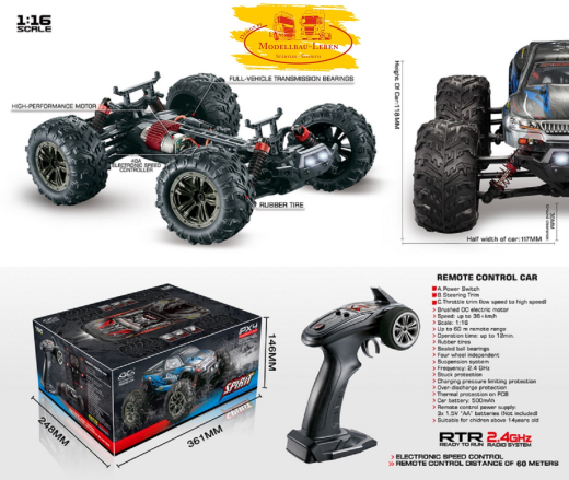 Absima 16002 - 1:16 Green Power Elektro Modellauto High Speed Monster Truck SPIRIT schwa