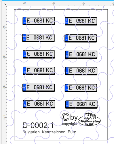 D-0002.1 Kennzeichen Bulgarien-Nummernschild Euro rechteckig 12 Stück - 1:87 Decal