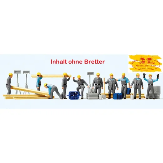 Preiser 10220 THW-Helfer im Arbeitszeug mit zahlreichem Zubehör ohne Bretter - Inhalt: 10 Stück + Zubehör 1:87