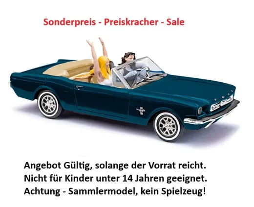 Busch 47528 - Ford Mustang Cabrio mit 2 Figuren, Bierkasten und Koffer, Bj. 1964 , H0 Modell 1:87 Neu & OVP, 1 Stück, Sonderpreis, Sale, reduziertes Modell, Schnäppchen, Preisknaller