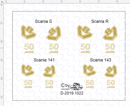 D-2019.1022 - Decalsatz Scania 50 Jahre - 1 Satz für 4 Fahrzeuge - 1:87
