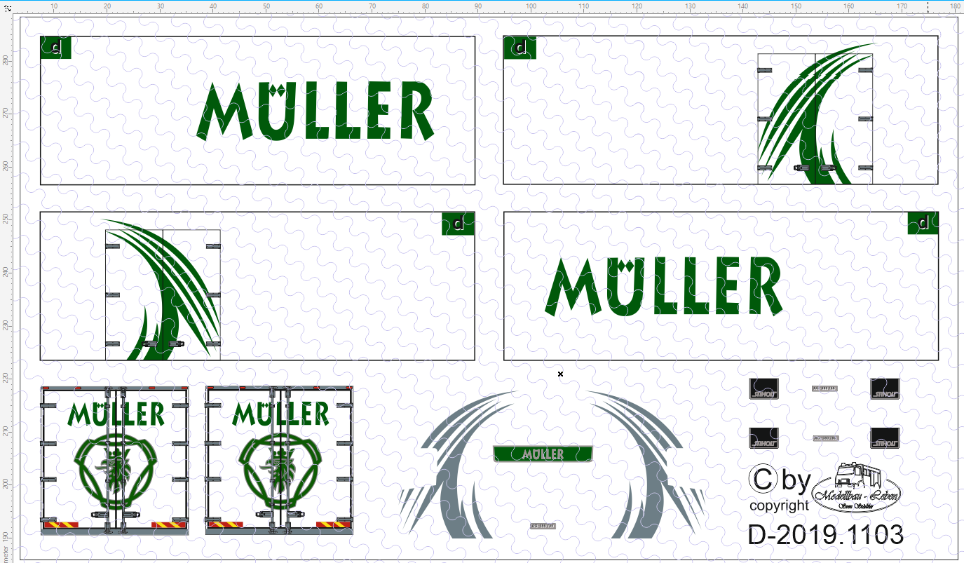 D-2019.1103 - Decalsatz Spedition Müller Ermensee für Hängerzug Wechselkoffer und Fahrerhaus - 1 Sat