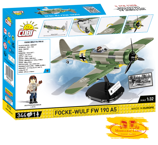 Cobi 5722 Historical Collection Focke-Wulf FW 190 A5 - Bausatz 344 Teile 1 Figur Maßstab 1:32