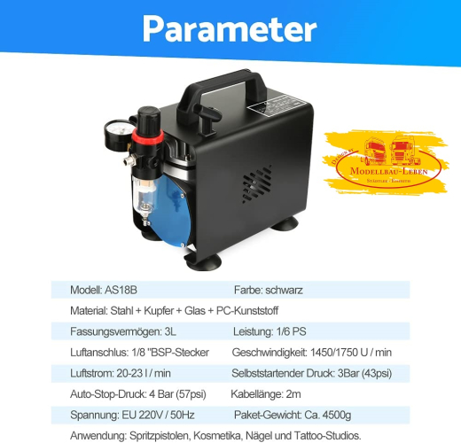 Ausla AS18B Profi-Air Brush Kompressor 20-23 l/min, 1/6 PS Einzylinder Kolben Luftkompressor