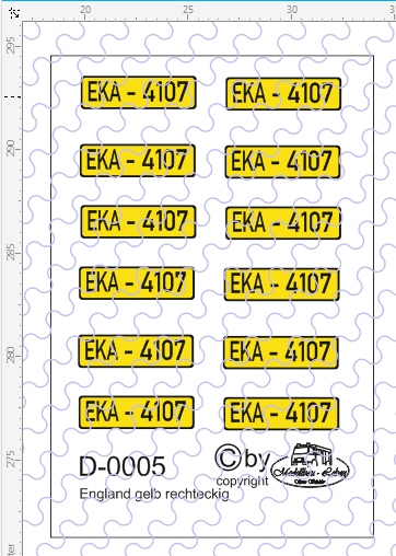 D-0005 Kennzeichen England-Nummernschild gelb rechteckig 12 Stück - 1:87 Decal