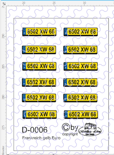 D-0006 Kennzeichen Frankreich - Euro Nummernschild gelb 12 Stück - 1:87 Decal einzeilig