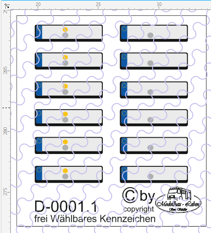 D-0001.1 Frei wählbare Wunsch Kennzeichen 5.6 x 1.4 mm, 12 Stück verschiedene 1:87 Decal