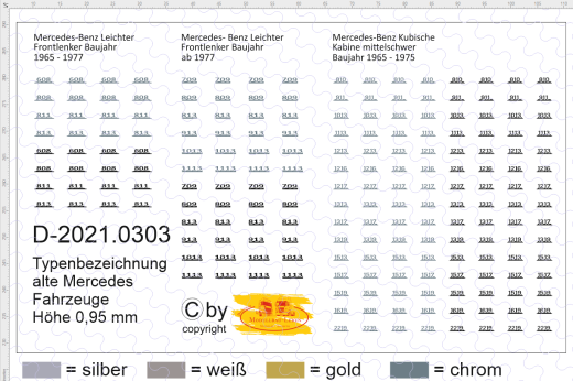 D-2021.0303 - Decalsatz Typenbezeichnung alte Mercedes Benz Fahrzeuge 1:87