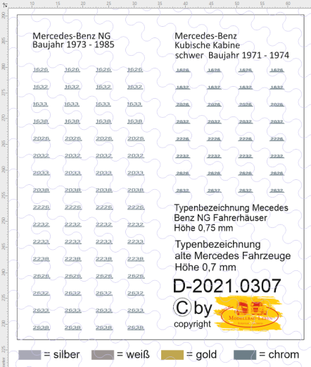 D-2021.0307 - Decalsatz Typenbezeichnung alte Mercedes Benz Fahrzeuge 1:87