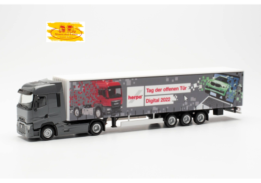 Herpa 949828 Renault T Facelift, nardograu + Auflieger „Rundgang” (15m Gardinenplanen-Auflieger)