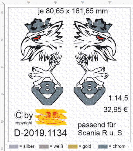 D-2019.1134 - Decalsatz Scania R oder S für Fahrhaus Seiten &quote;Scania Greif Kralle V8 &quote; - 1