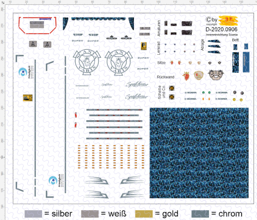 D-2020.0906 - Decalsatz Scania Innenraum und Reflexstreifen, Posilichter etc 1:87