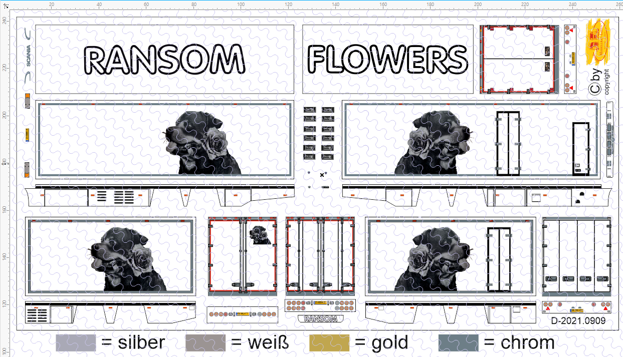 D-2021.0909 - Decalsatz Ransom Blumen Hängerzug für Scania R Rottweiler 1 Satz 1:87