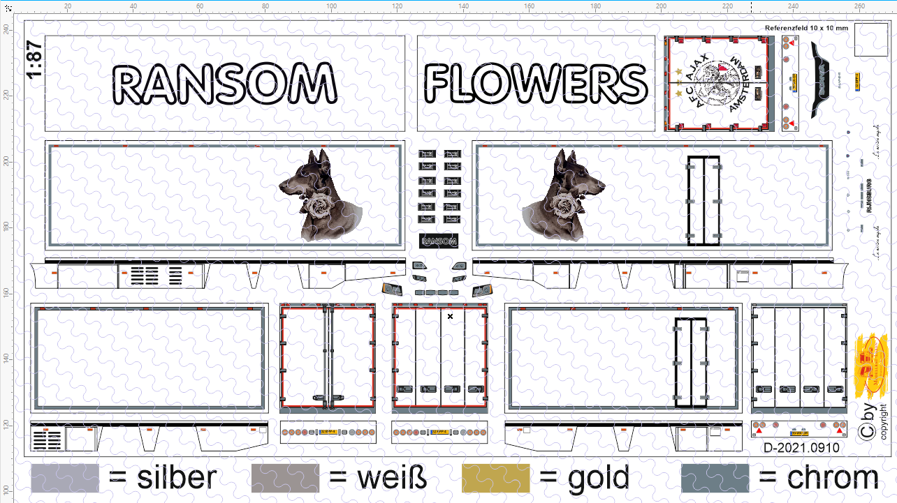 D-2021.0910 - Decalsatz Ransom Blumen Hängerzug für Scania S Dobermann 1 Satz 1:87