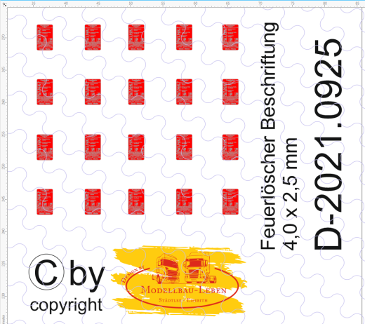 D-2021.0925 Decalsatz Feuerlöscher Piktogramm / Beschriftung 4 x 2,5 mm - 20 Stück 1:87