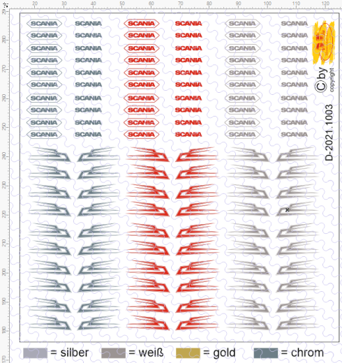 D-2021.1003 - Decalsatz Scania Schriftzüge und Dachzacken in 3 Farben 1:87