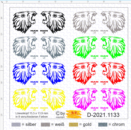 D-2021.1133 Löwenkopf, 15.5 x 13.9 mm - 8 versch. Farben 1:87