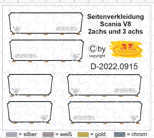 D-2022.0915 - Decalsatz Scania Seitenverkleidung Simpson Scania V8 2achs und 3 achs 1:87