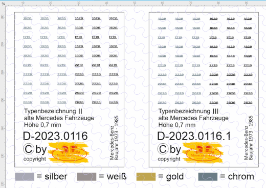 D-2023.0116.1 - Decalsatz Typenbezeichnung III alte Mercedes Benz Fahrzeuge 1:87