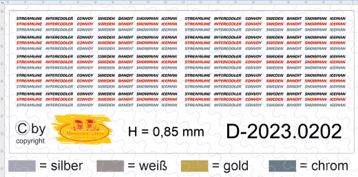 D-2023.0202 - Decalsatz 7 versch. Schriftzüge H 0 0,85 mm je 10 x in je 3 Farben 1:87