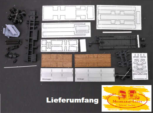 EM184 Bausatz Tandem Hängerzug Pritsche Ladekran mit Bordwände 1:87