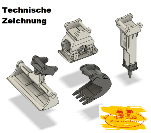EM610 Liebherr Baggerset 1 - 4 Anbaugeräte für Herpa Bagger 1:87