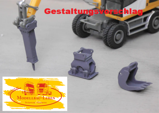 EM610 Liebherr Baggerset 1 - 4 Anbaugeräte für Herpa Bagger 1:87