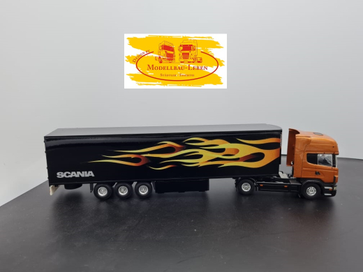 Tekno Scania R Topline V8 Werbemodell mit Flammen Design Kühlkoffer Auflieger 1:50