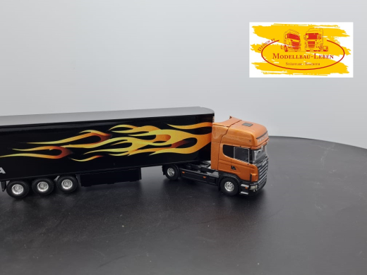Tekno Scania R Topline V8 Werbemodell mit Flammen Design Kühlkoffer Auflieger 1:50