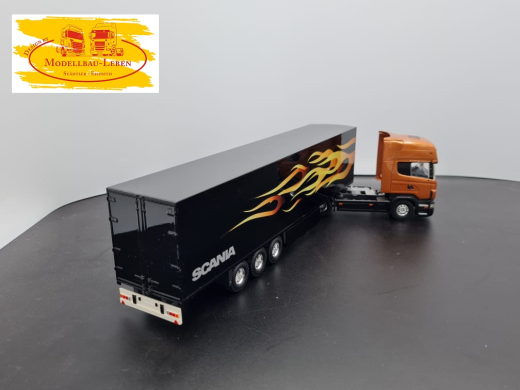 Tekno Scania R Topline V8 Werbemodell mit Flammen Design Kühlkoffer Auflieger 1:50