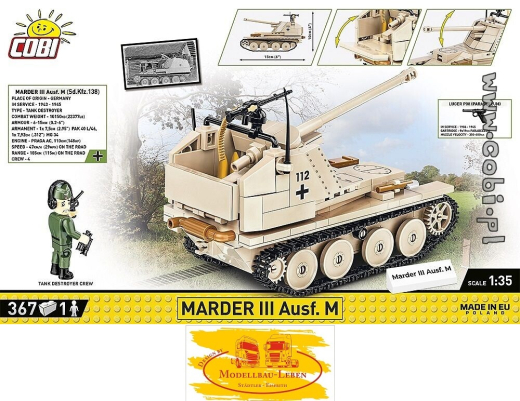 Cobi 2282 Historical Collection World War II Marder III Ausf.M (Sd.Kfz.138) Bausatz 367 Teile 1 Figu
