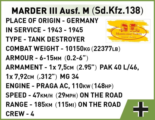 Cobi 2282 Historical Collection World War II Marder III Ausf.M (Sd.Kfz.138) Bausatz 367 Teile 1 Figu
