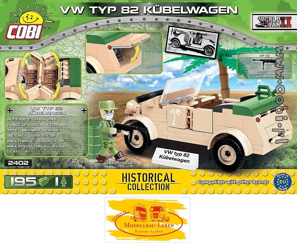 Cobi 2402 Historical Collection World War II VW typ 82 Kübelwagen Bausatz 195 Teile 1 Figur