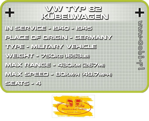 Cobi 2402 Historical Collection World War II VW typ 82 Kübelwagen Bausatz 195 Teile 1 Figur