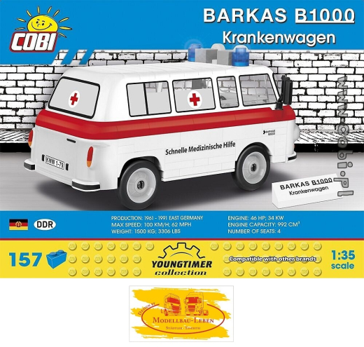 Cobi 24595 Youngtimer Collection Barkas B1000 Krankenwagen (Schnelle Medizinische Hilfe) Bausatz 156