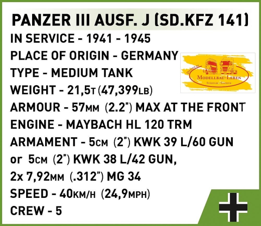 Cobi 2562 Historical Collection World War II Panzer III Ausf. J Bausatz 780 Teile 2 Figuren