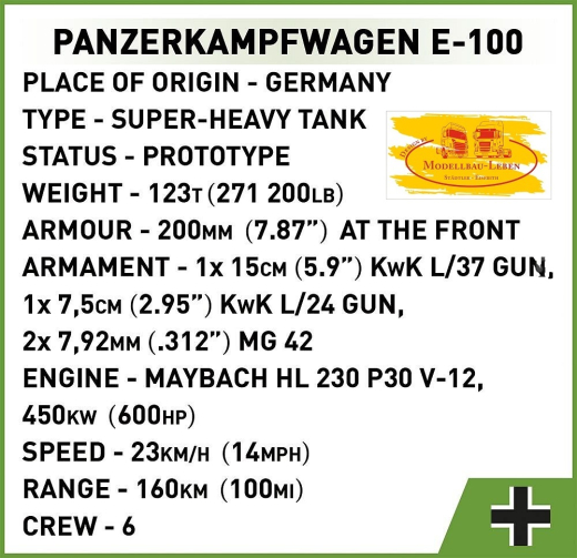 Cobi 2572 Historical Collection World War II Panzerkampfwagen E-100 Bausatz 1511 Teile 1 Figur