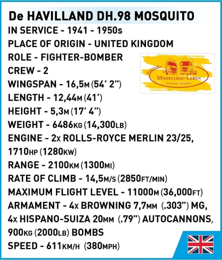 Cobi 5735 Historical Collection World War II De Havilland DH-98 Mosquito Bausatz 703 Teile 1 Figur