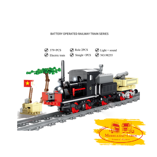 Kazi KY98255 - Kleine schwarze klassische Dampflokomotive mit 1 Wagen und Schienen