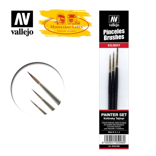 Vallejo 25998 Painters Brush Set Kolinsky Sable 3er Set - Größe 0, 1, 2