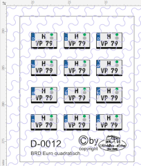 D-0012 Kennzeichen BRD-Nummernschild Euro quadratisch 12 Stück - 1:87 Decal
