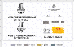 D-2023.0304 Decalsatz Osttalgie Beschriftung für Robur Planen LKW &quote;VEB Bitterfeld&quote; mit Kennzeichen 1