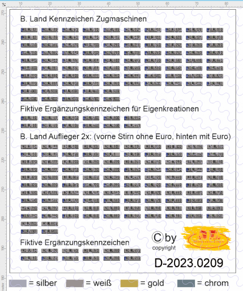 D-2023.0209 - Decalsatz Spedition Bernhard Land Kennzeichen SZM und Auflieger ca 120 Paar - 1:87