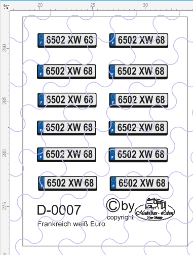 D-0007 Kennzeichen Frankreich - Euro Nummernschild weiß 12 Stück - 1:87 Decal