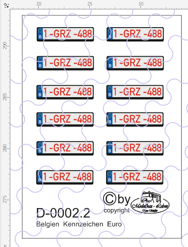D-0002.2 Kennzeichen Belgien-Nummernschild Euro rechteckig 12 Stück - 1:87 Decal