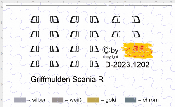 D-2023.1202 - Decalsatz Scania Tür Griff Mulden - 1 Satz für 10 Fahrzeuge - 1:87