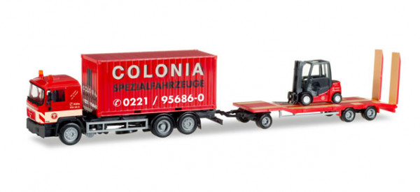 Herpa 308182 MAN F 90 Container-LKW mit Goldhofer TU3 und Gabelstapler "Colonia"