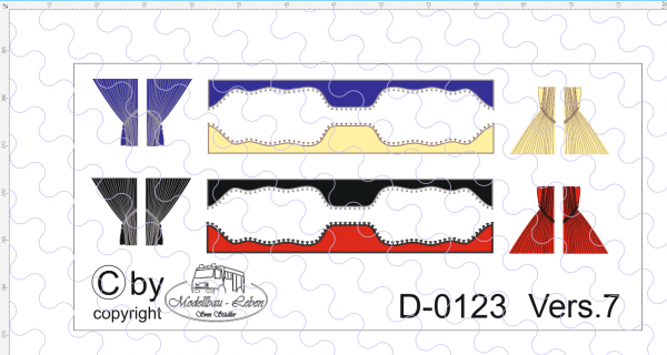 D-0123.7 Scheibengardinen offen Decalsatz , Version 7 - 4 Stück gemischte Farben - 1 Satz 1:87