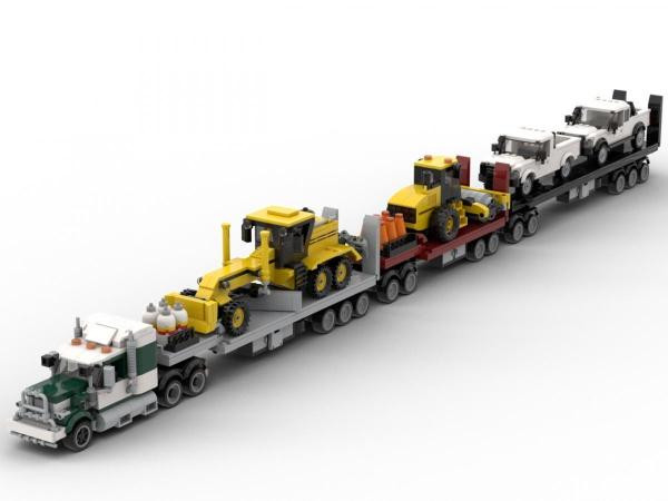 Bluebrixx 102952 Weiß-grüner Road Train LKW mit verschiedenen Baustellenfahrzeugen