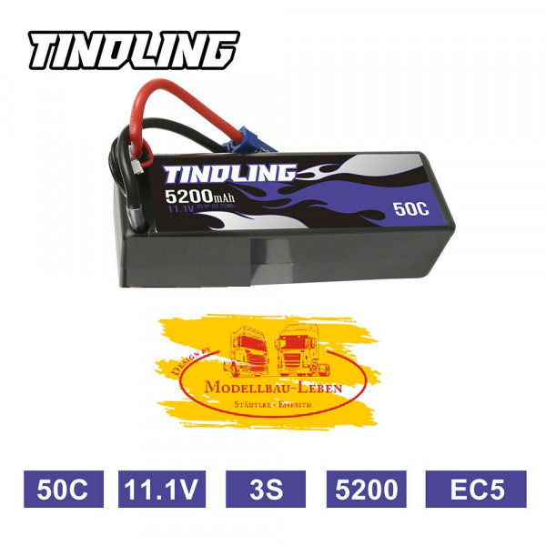 Tindling 916496 Lipo Akku 11.1V 50C 3S 5200mAh mit EC5 für Arrma Axial RC Auto Heli